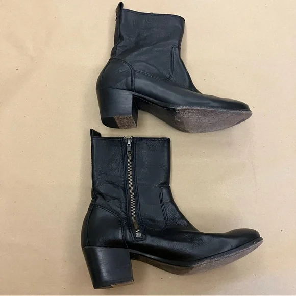 Frye Ankle Boots Womens 8 Black Leather Block Heel Side Zip Classic Western - Picture 3 of 8